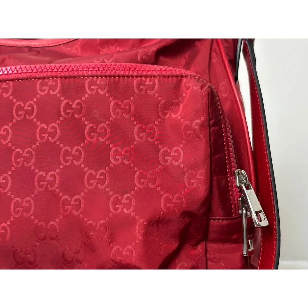 Gucci Red Nylon Monogram Double Buckle Flap Messenger Bag